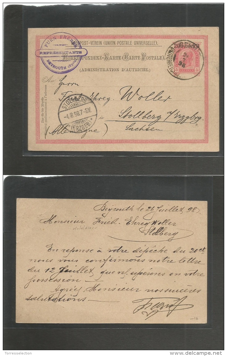 Lebanon. 1898 (26 July) Austria Levant Post Office. Beyrouth - Germany, Stollberg (4 Aug) 20p/5kr. Rose Stat Card, Comer - Lebanon