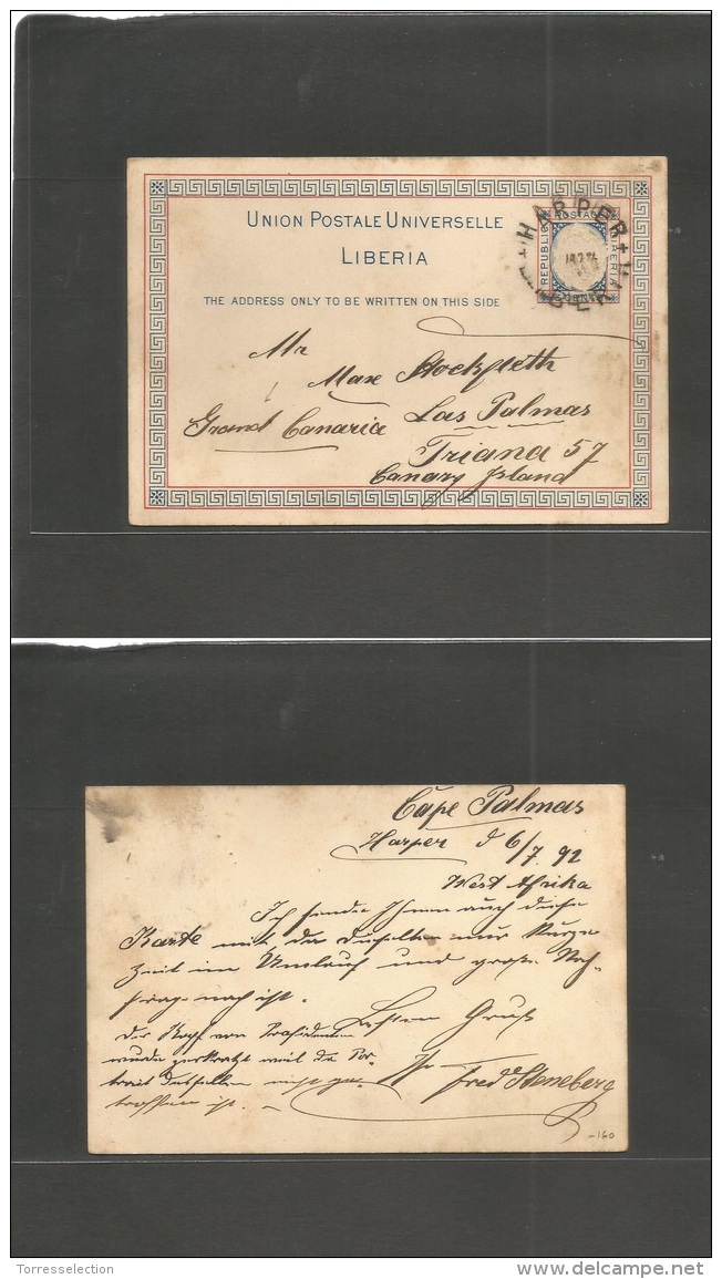 Liberia. 1892 (6 July) Cape Palmas, Harper - Spain, Canary Islands, Atlantic Ocean, Las Palmas. 3c Tricolor Stat Card. V - Liberia