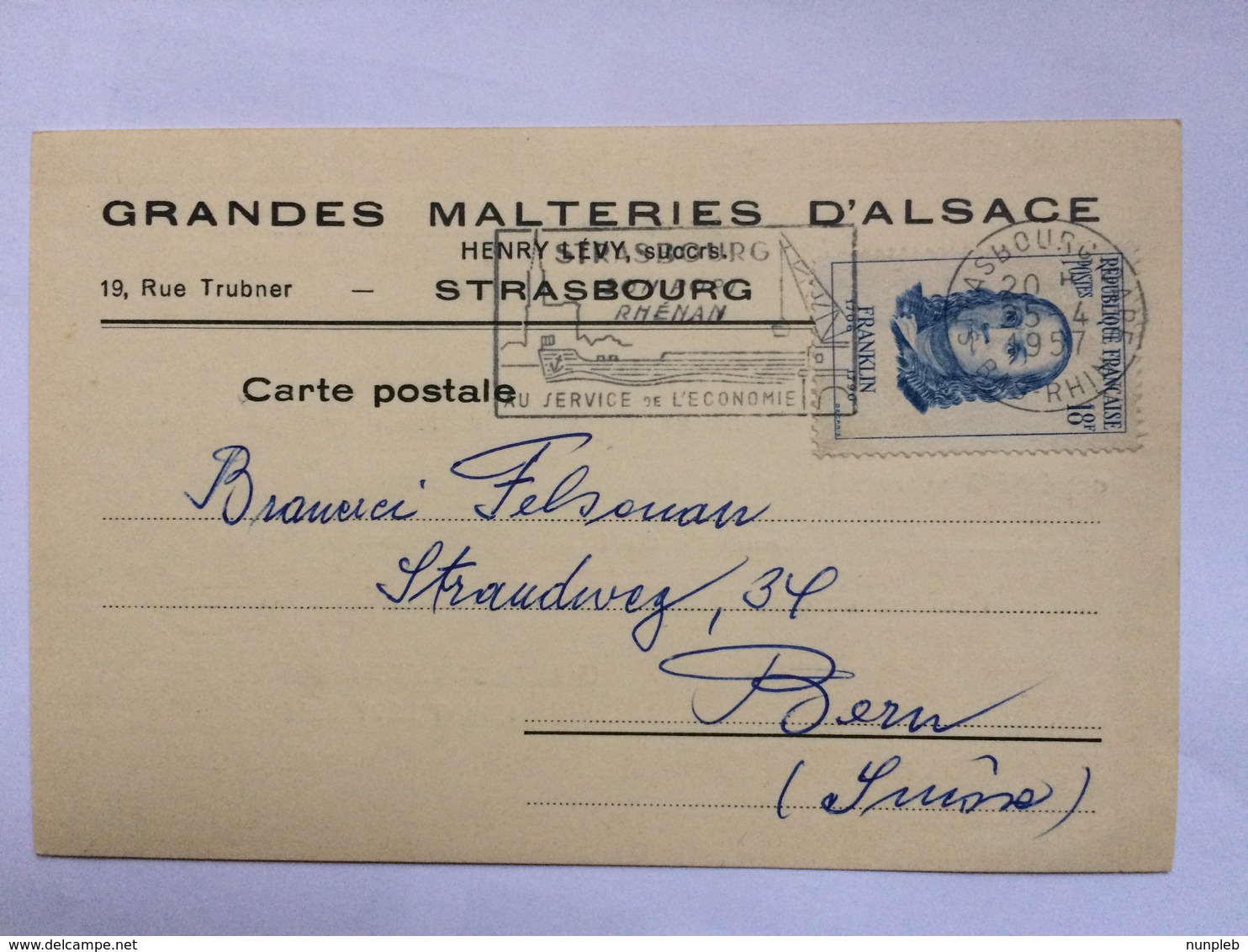 FRANCE 1957 Postcard - Grandes Malteries D`Alsace Tied With Franklin Stamp - Strasbourg Slogan Cancel- Sent To Bern Swit - Storia Postale