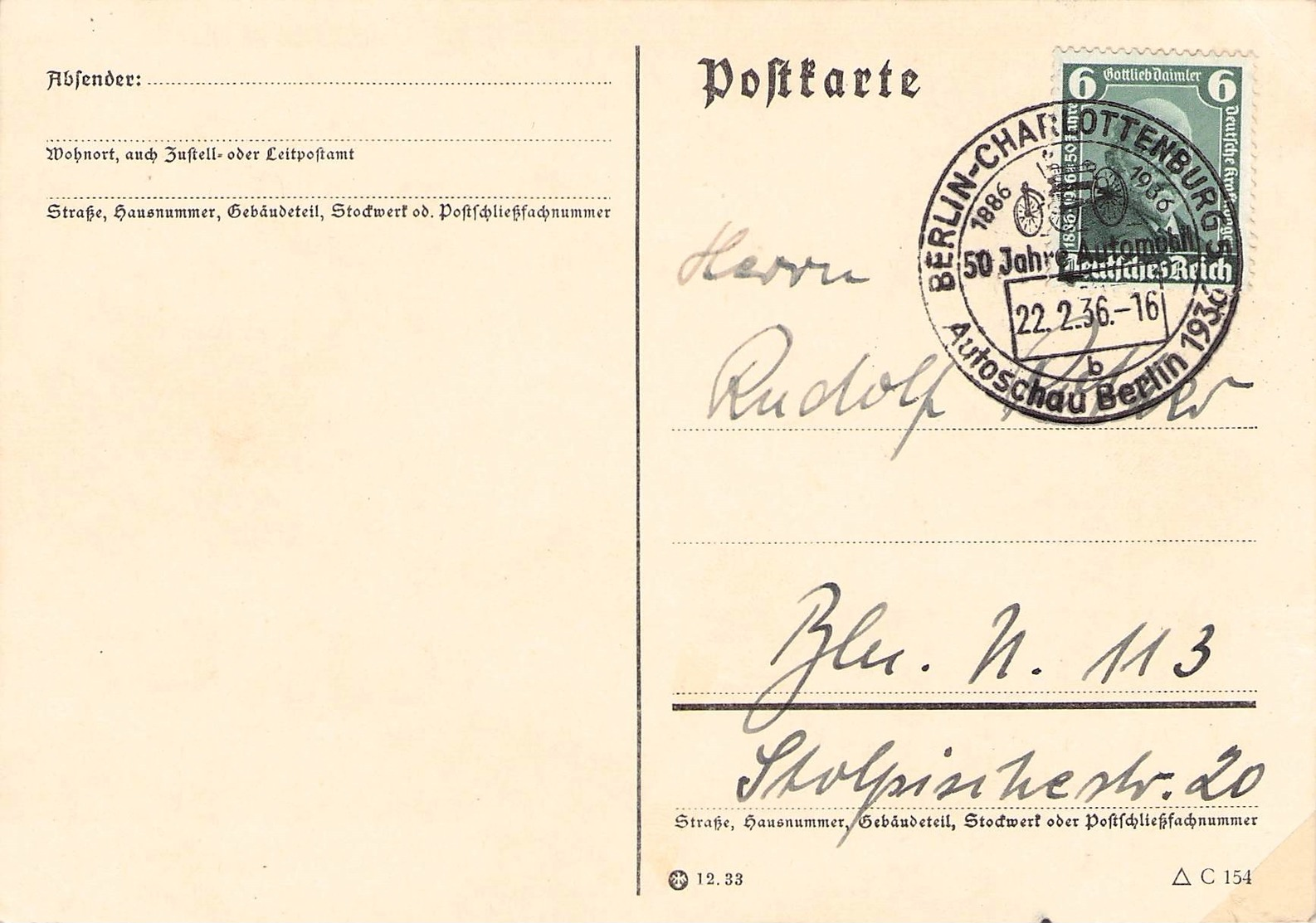DEUTSCHES REICH - POSTKARTE 6 PF BENZ 1936 Mi #604 - Lettres & Documents
