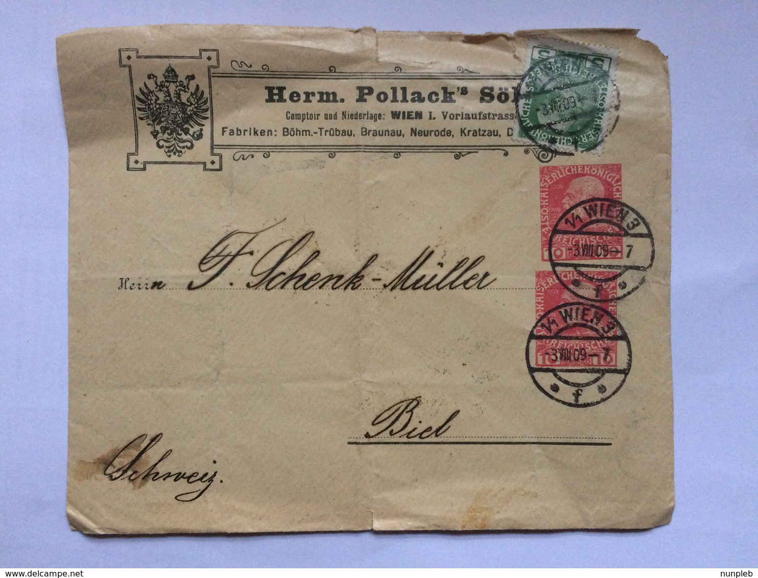 AUSTRIA 1909 Cover Wien To Biel Switzerland - Herm. Pollack - Covers & Documents