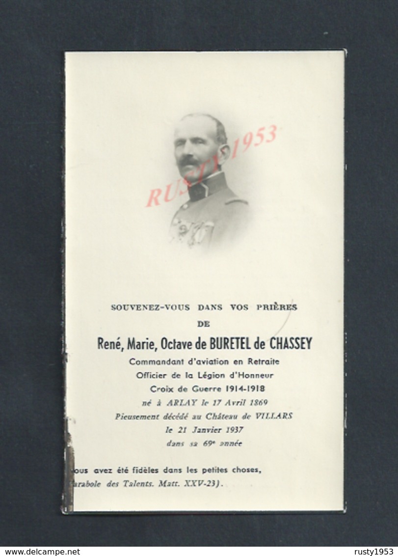 MILITARIA FAIRE PART DE DECÉ SOLDAT OCTAVE BURETEL DE CHASSEY COMMANDANT AVIATION CROIX DE GUERRE CHÂTEAU DE VILLARS : - Décès