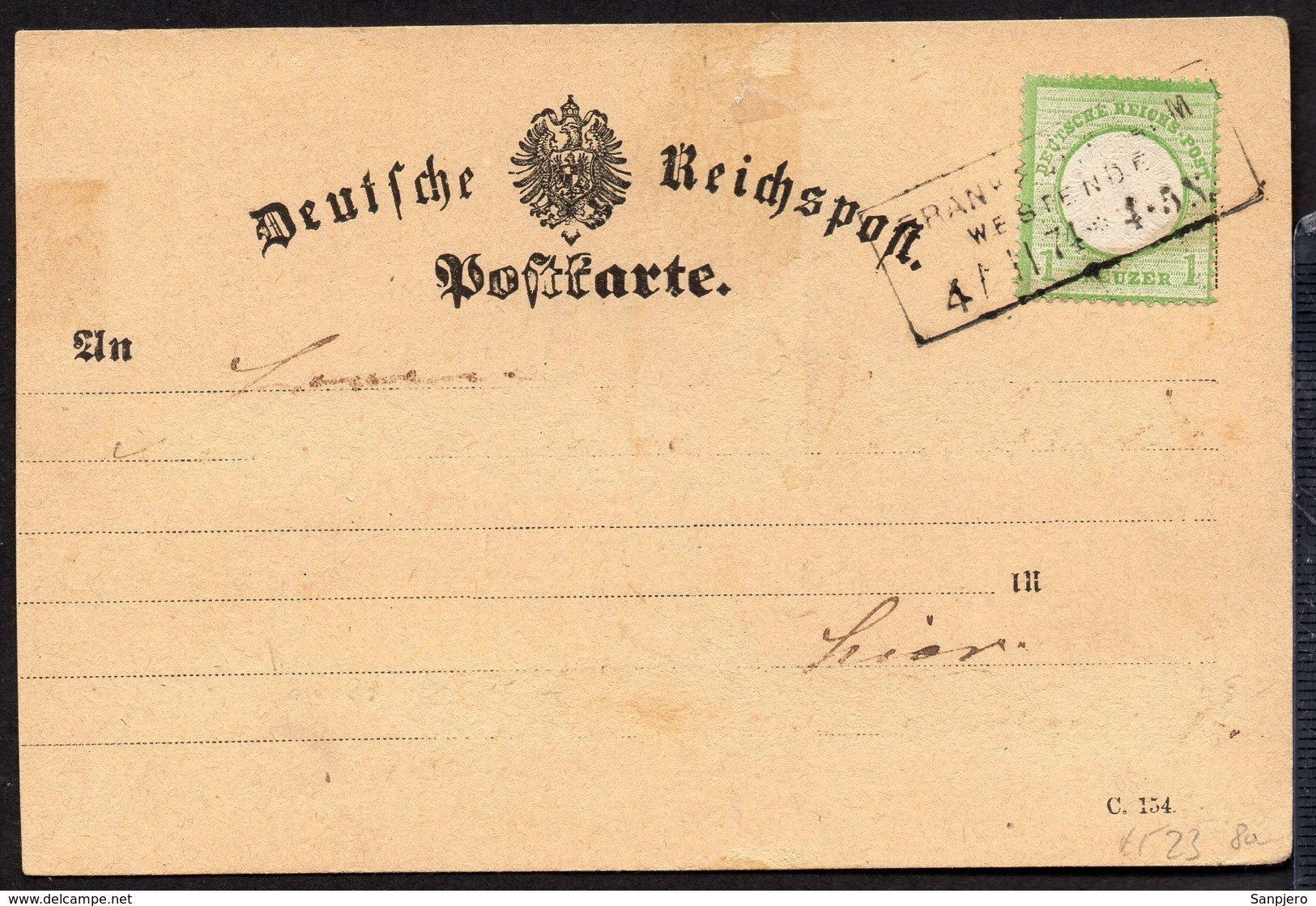 GERMANY EMPIRE 1874. POSTKARTE BRUSTSCHILDE 1 KR MiNr23 FRANKFURT AM MAIN TO ?? - Storia Postale