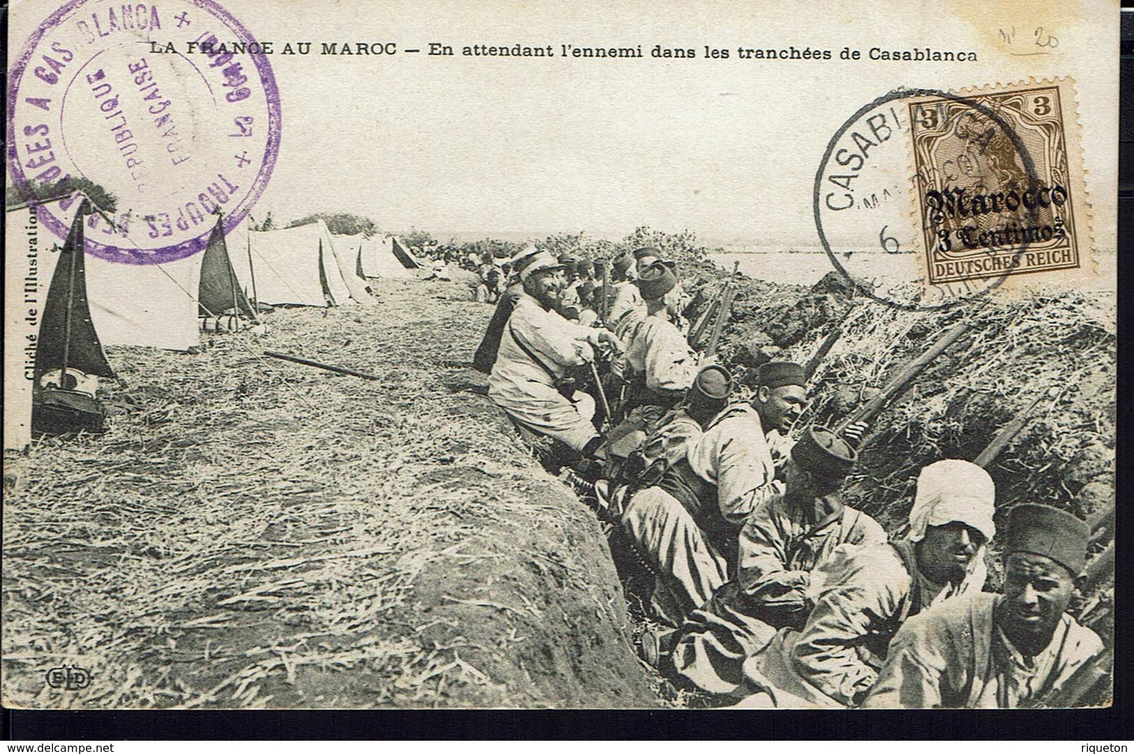 Deutsche Post Marocco - 1908 - Timbre N° 20 Sur CPA "En Attendant L'ennemi Dans Les Tranchées De Casablanca" B/TB - - Morocco (offices)