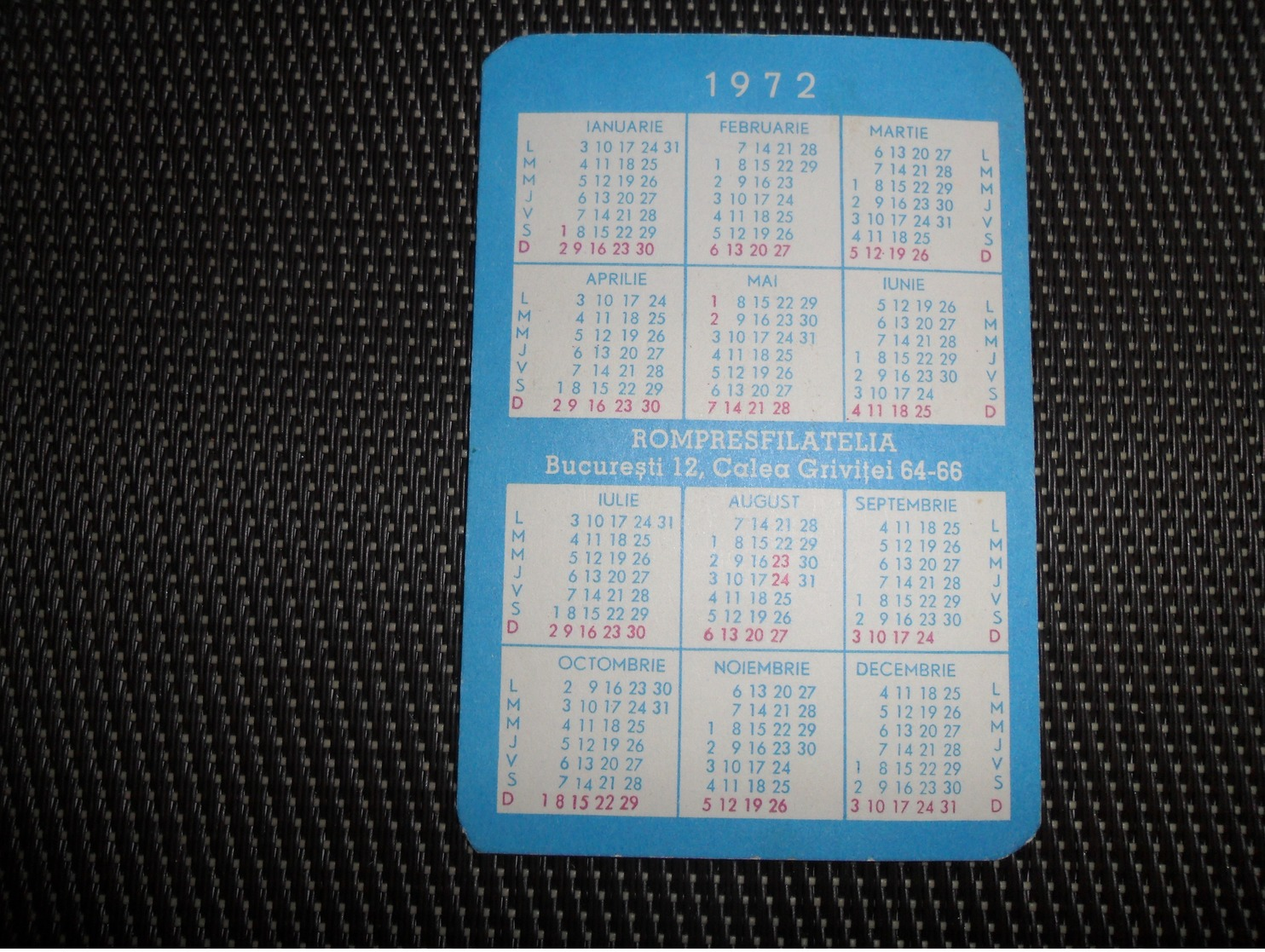 Calendrier   Kalender 1972  Rompresfilatella  Bucuresti - Petit Format : 1971-80