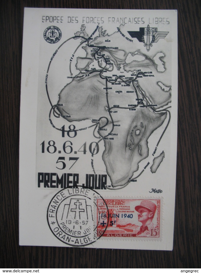 Carte Maximum - Card Algérie  1957  Cachet  France Libre Oran Alger - Tarjetas – Máxima