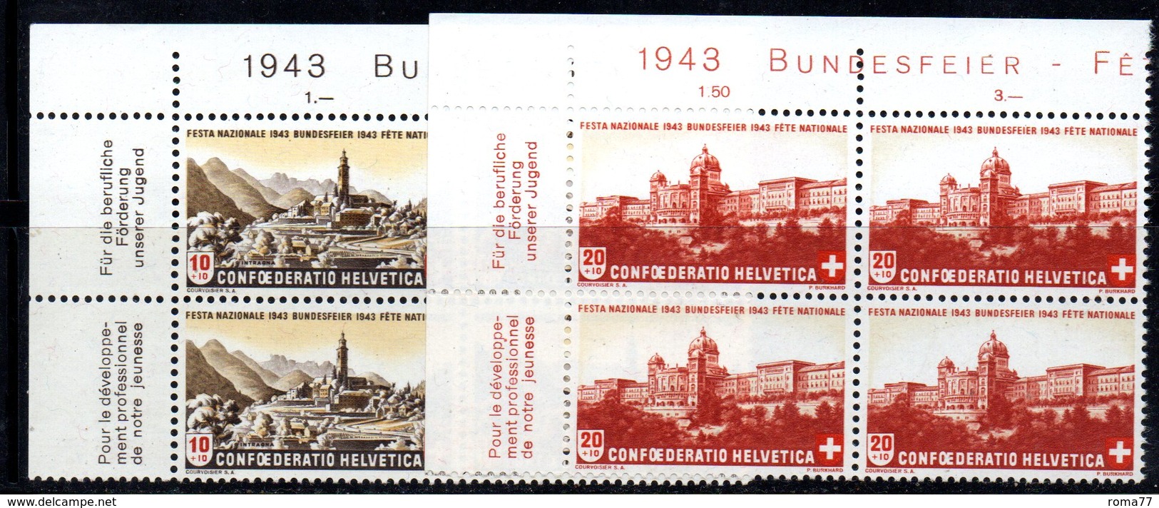 56/1500 - SVIZZERA 1943 , Pro Patria Serie N. 385/386 : Quartina Integra *** MNH - Nuovi