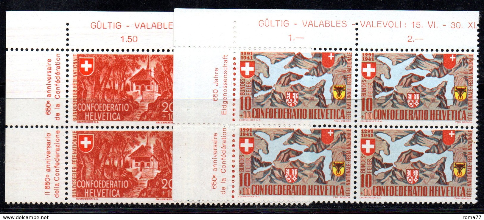 58/1500 - SVIZZERA 1941 , Pro Patria Serie N. 388/389 : Quartina Integra *** MNH - Nuovi