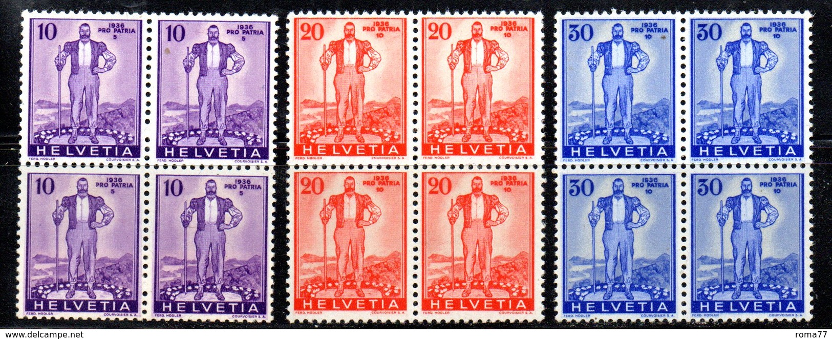 62/1500 - SVIZZERA 1936 , Pro Patria Serie N. 286/288 : Quartina Integra *** MNH - Nuovi