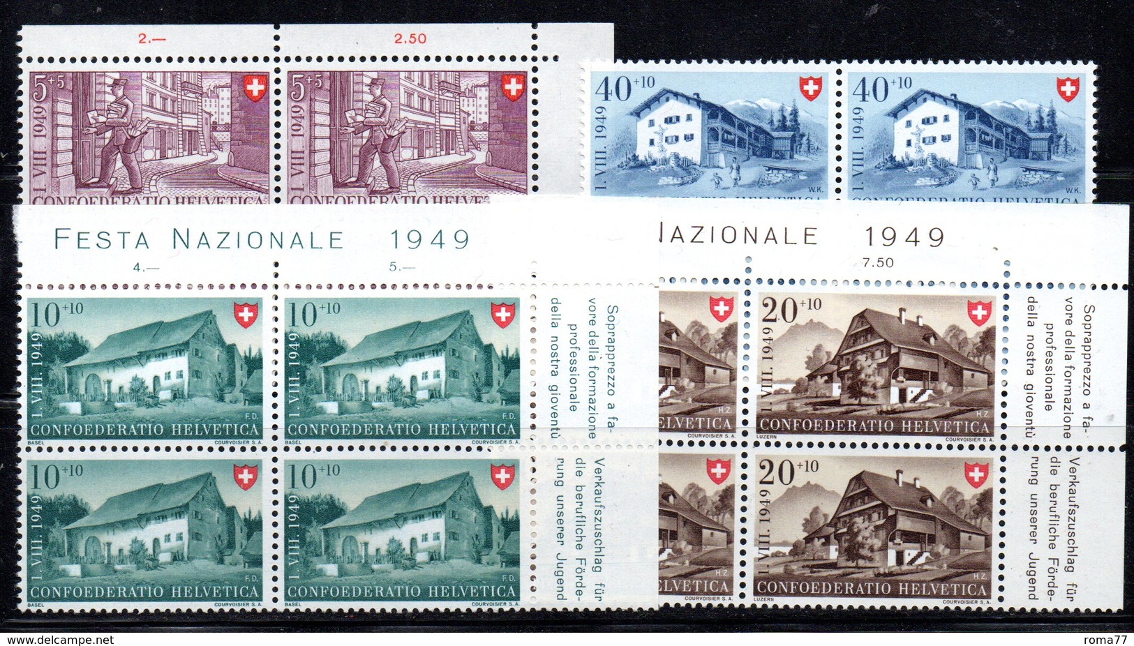 63/1500 - SVIZZERA 1949 , Pro Patria Serie N. 477/480 : Quartina Integra *** MNH - Nuovi