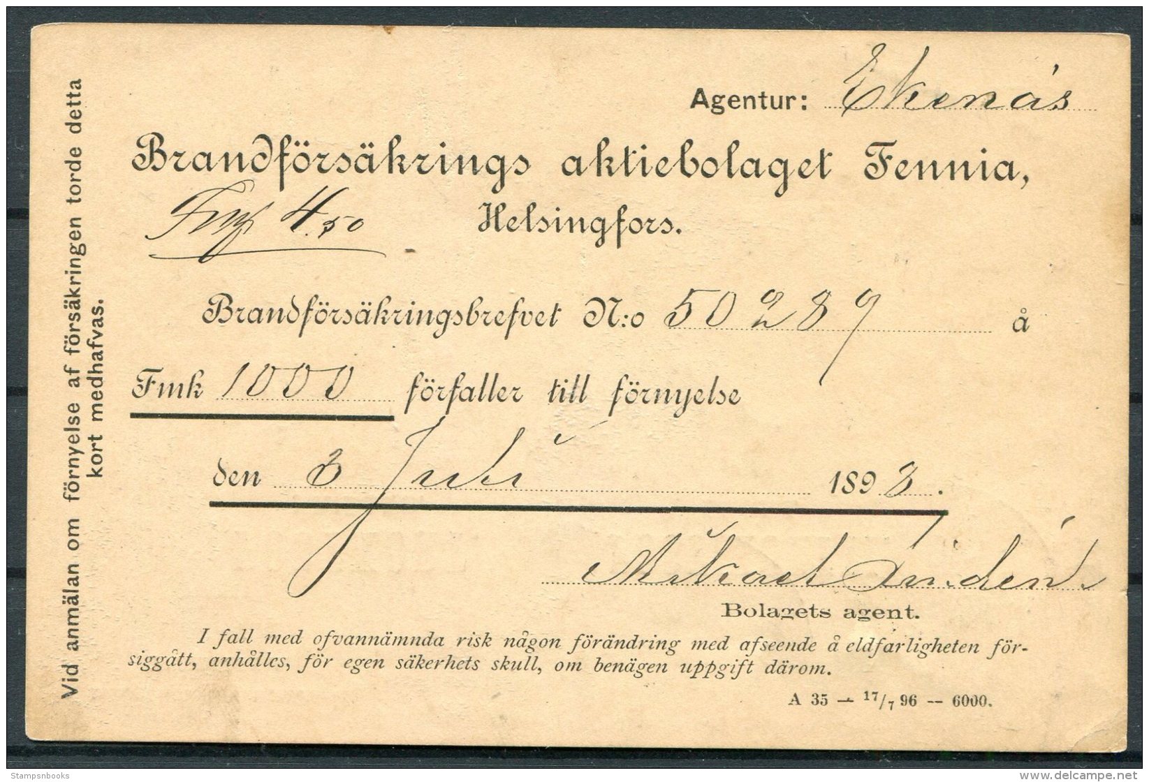 1893 Finland Bolagets Agent, Ekenas Postcard Fennia Helsingfors - Covers & Documents