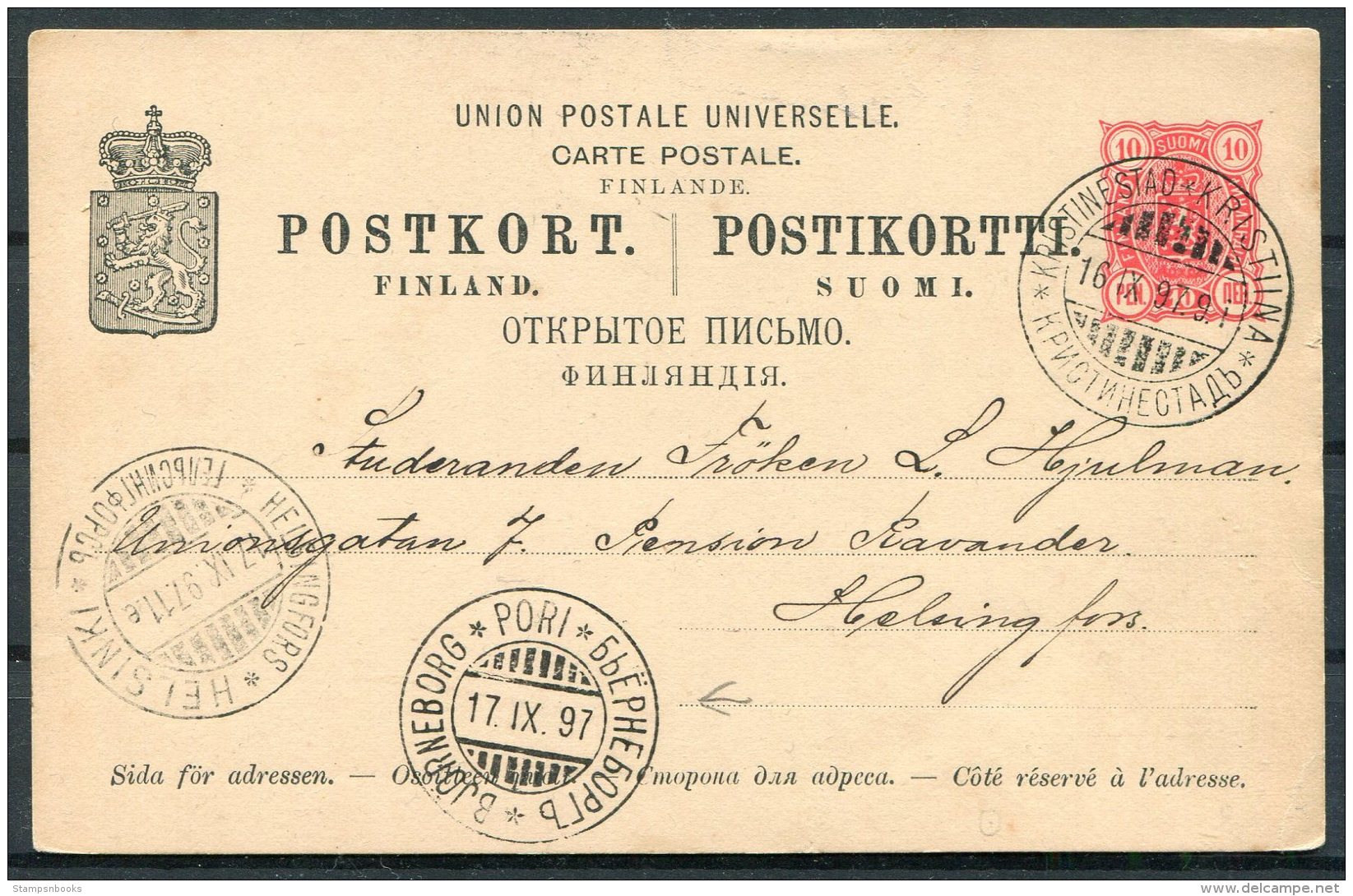 1897 Finland Russia Stationery Postcard Kristinestad - Helsingfors Via Pori / Bjornborg - Covers & Documents