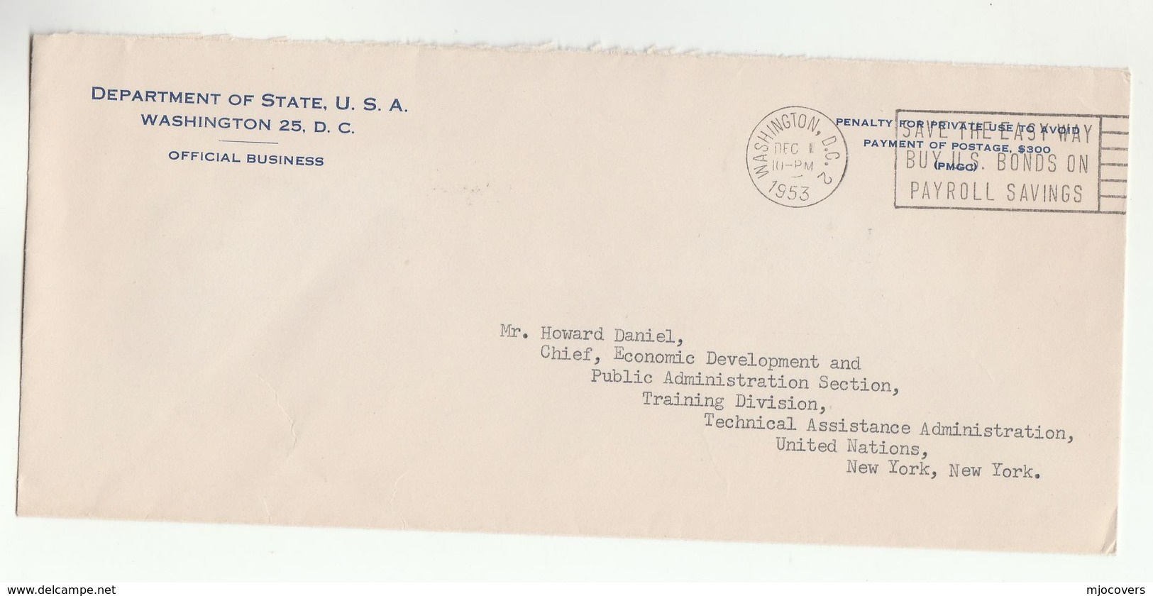 1953 US STATE DEPT Cover To UN CHIEF Of ECONOMIC DEVELOPMENT United Nations Usa Official Business - UNO