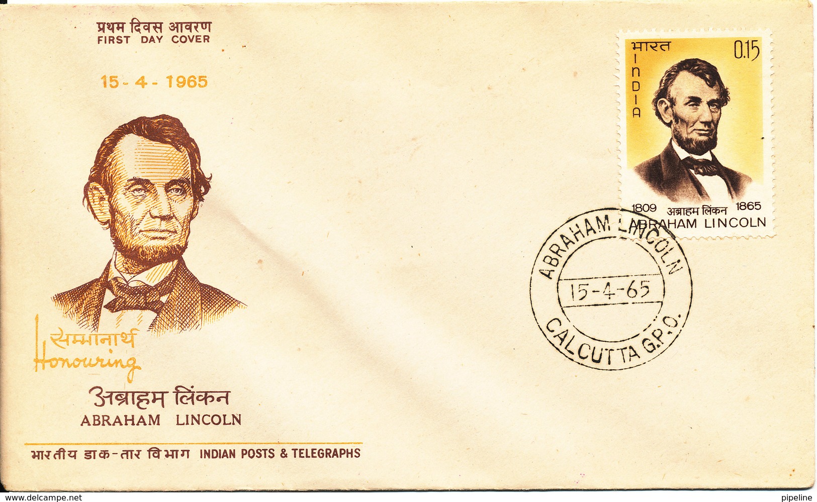 India FDC 15-4-1965 Abraham Lincoln With Cachet - FDC