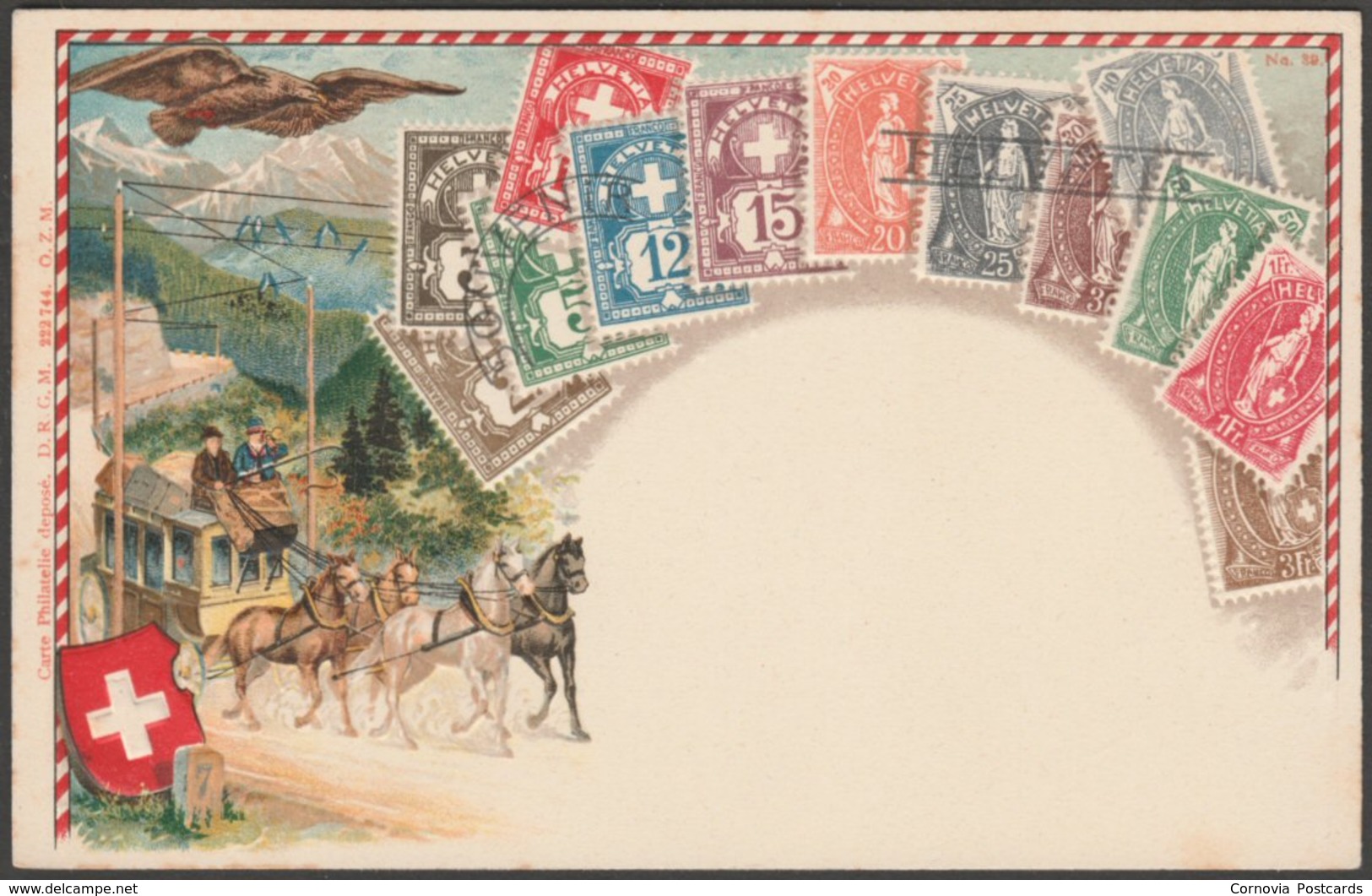 Dreizehn Verschiedene Schweiz Helvetia Briefmarken, C.1905 - Ottmar Zieher AK - Stamps (pictures)