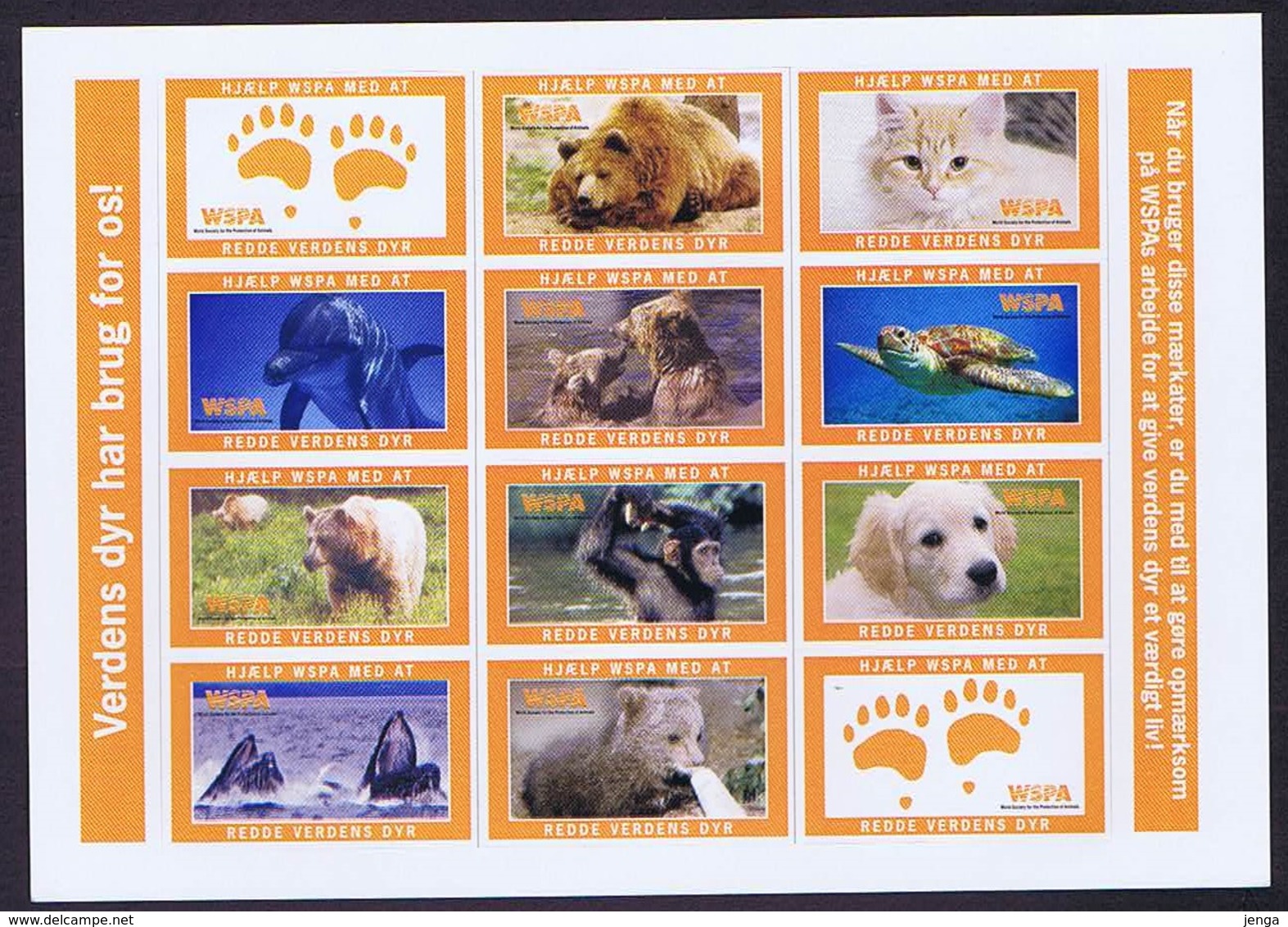 Denmark; Poster Stamp Sheet (self Adhesive).  WSPA; Save The Animals In The World.  Sheet With 12 Stamps, MNH **. - Autres & Non Classés