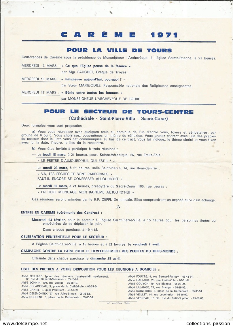 Programme,carême 1971 ,pour La Ville De TOURS , Frais Fr 1.45e - Programmi