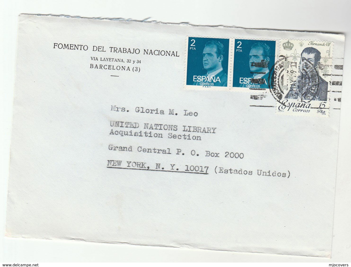 1979 Fomento Del Trabajo Nacional Spain To UN NY USA United Nations Stamps - ONU