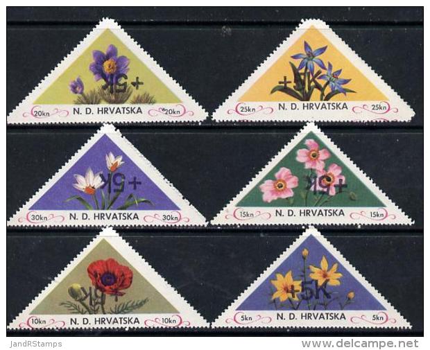 10936 Croatia 1951 Flowers Triangular Perf Set Of 6 Surcharged +5k In Black Unmounted Mint - Kroatien