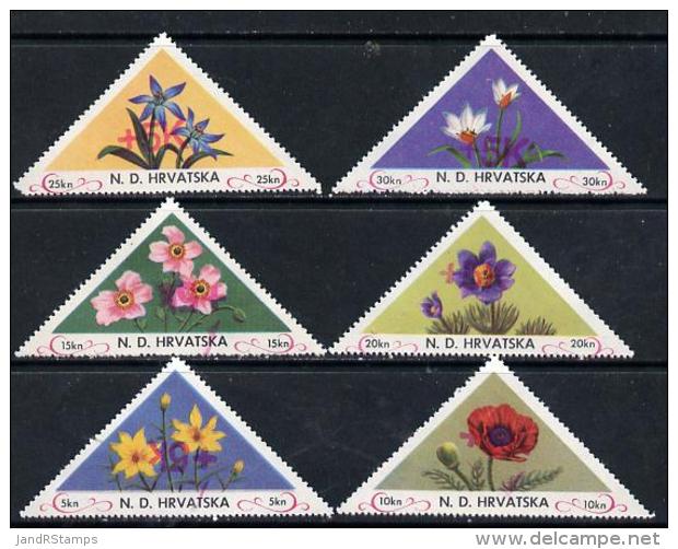 10937 Croatia 1951 Flowers Triangular Perf Set Of 6 Surcharged +5k In Red Unmounted Mint - Croatia