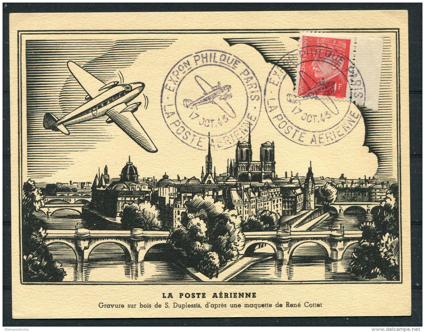 1943 Fance Paris Exposition Philatelie Aviation Airmail, Stamp Exhibition Postcard - 1927-1959 Covers & Documents