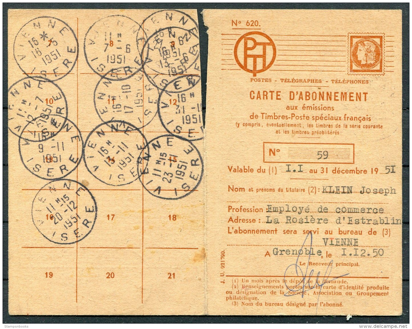 1950 France Carte D'Abonnement Grenoble, Poste Aerienne, Vienne Isere - 1927-1959 Covers & Documents