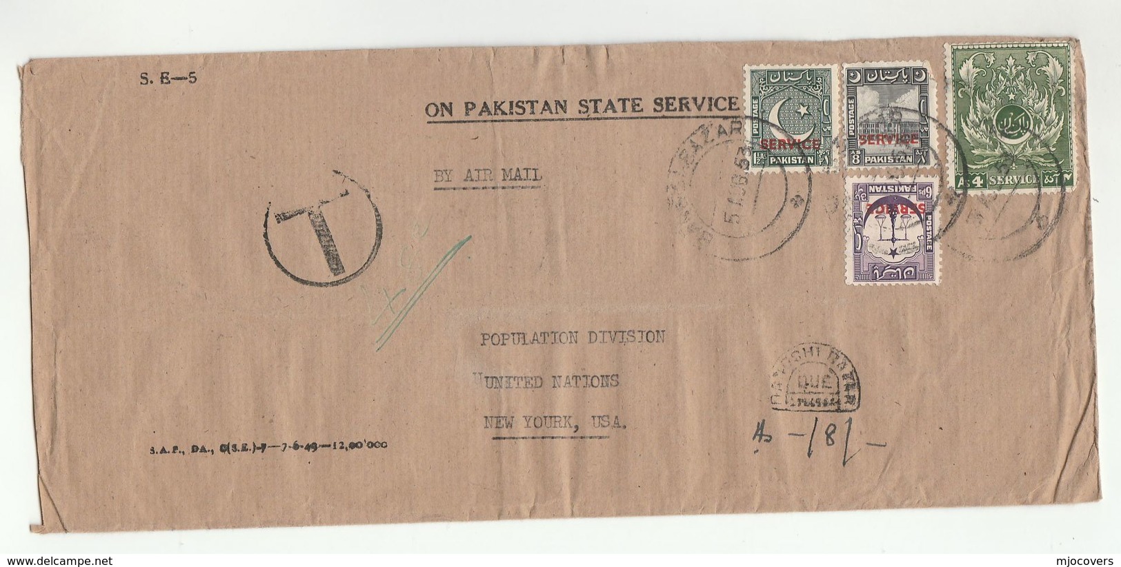 1953 PAKISTAN  STATE To UNITED NATIONS COVER Multi SERVICE Ovpt Stamps UNDERPAID POST DUE Usa Un - Pakistan