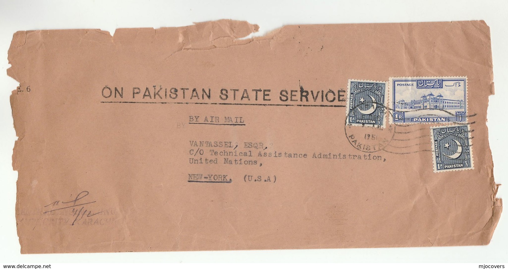 1954 PAKISTAN  STATE SERVICE ENGINEERING Cover  To UNITED NATIONS  TECHNICAL ASSISTANCE USA Cover Un Stamps - ONU