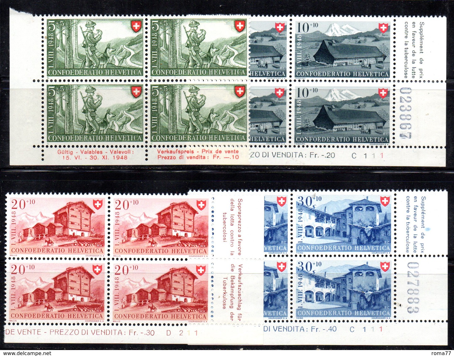 71/1500 - SVIZZERA 1948 , Pro Patria Serie N. 457/460 : Quartina Integra *** MNH - Nuovi