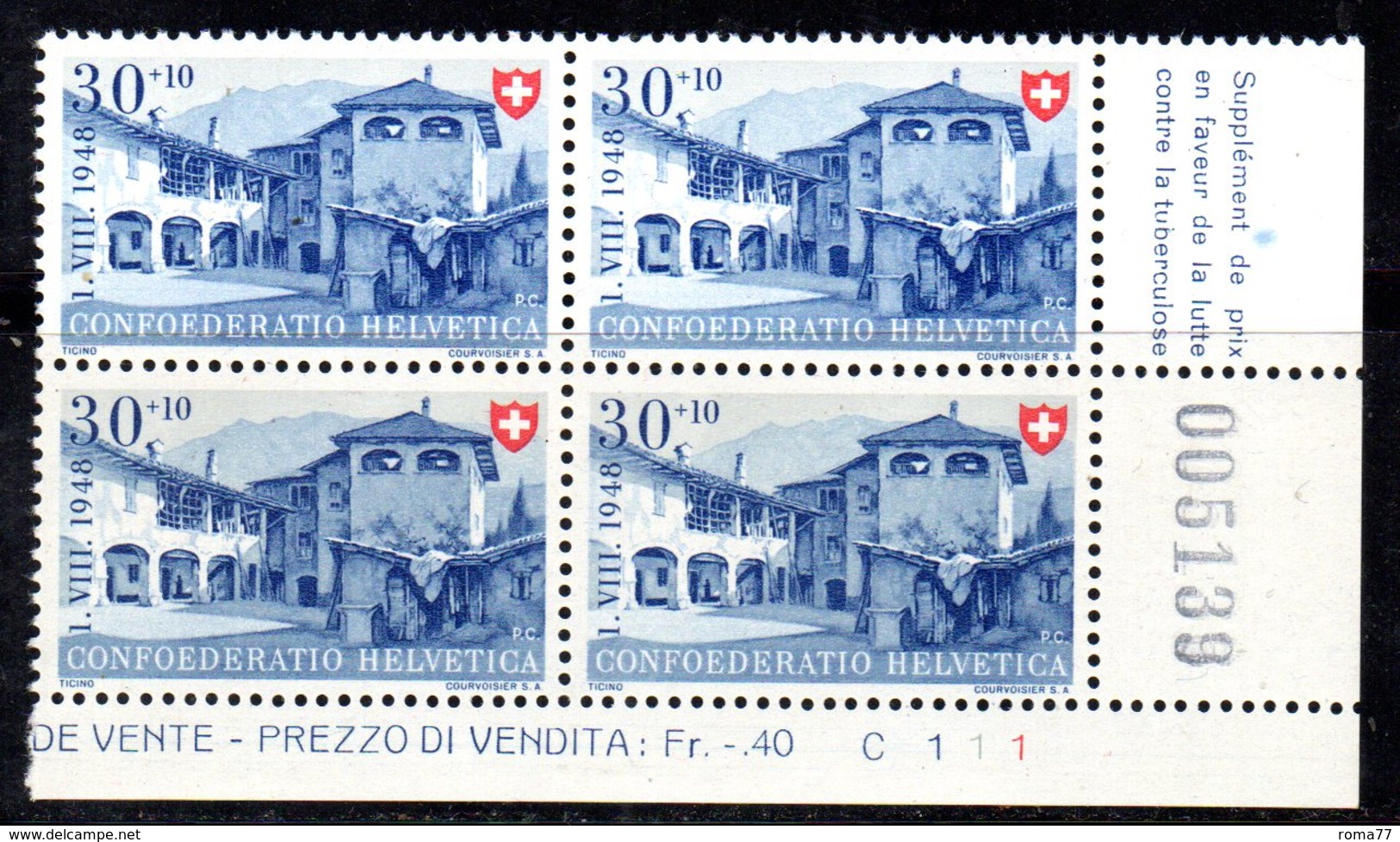 80/1500 - SVIZZERA 1948 ,  N. 460 : Quartina Integra *** MNH - Unused Stamps