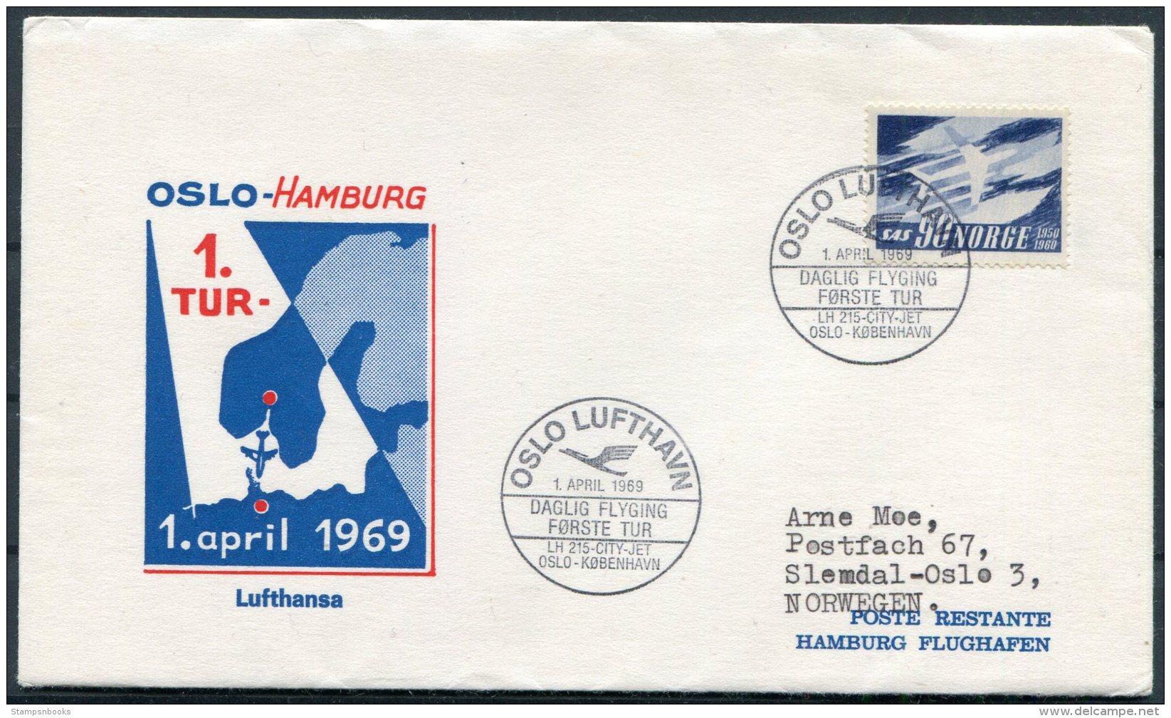 1969 Norway SAS First Flight Cover Oslo - Hamburg Germany - Storia Postale