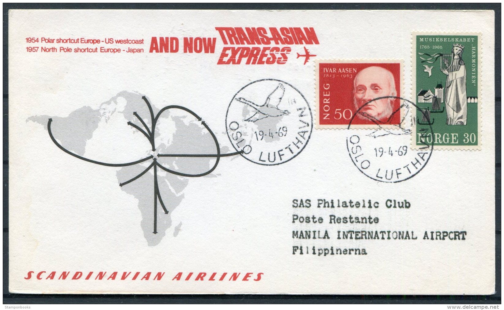 1969 Norway SAS First Flight Postcard. Oslo - Manila. Trans Asian Express - Briefe U. Dokumente