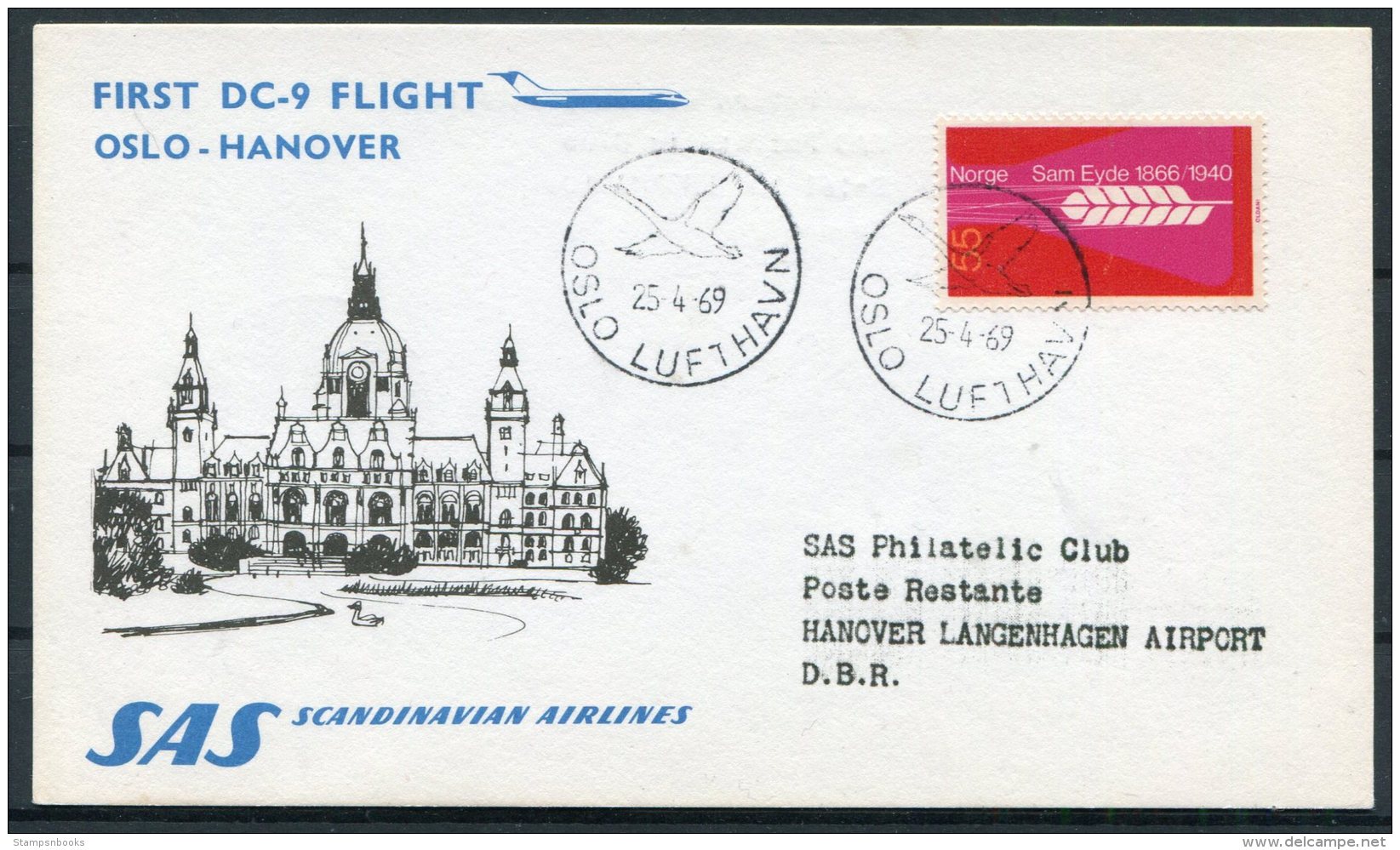 1969 Norway / Germany SAS First Flight Postcard. Oslo - Hannover - Brieven En Documenten