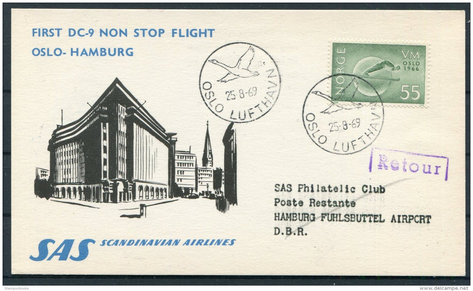 1969 Norway / Germany SAS First Flight Postcard. Oslo - Hamburg - Briefe U. Dokumente