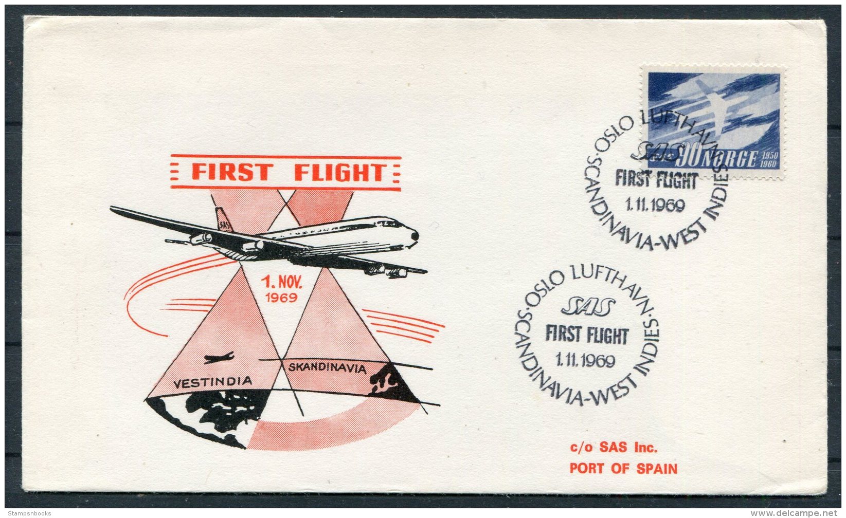 1969 Norway / Trinidad SAS First Flight Cover. Oslo - Port Of Spain - Briefe U. Dokumente