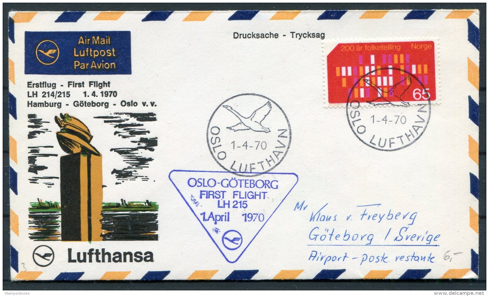 1970 Norway / Sweden Lufthansa First Flight Cover. Oslo - Goteborg - Storia Postale