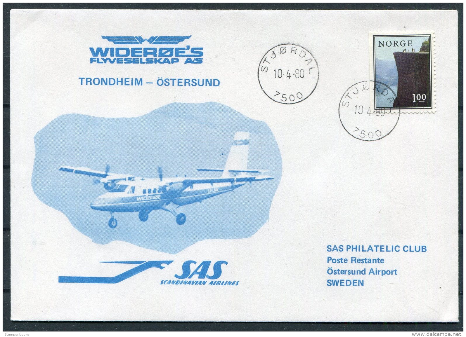 1980 Norway Sweden SAS First Flight Cover. Trondheim - Ostersund - Covers & Documents
