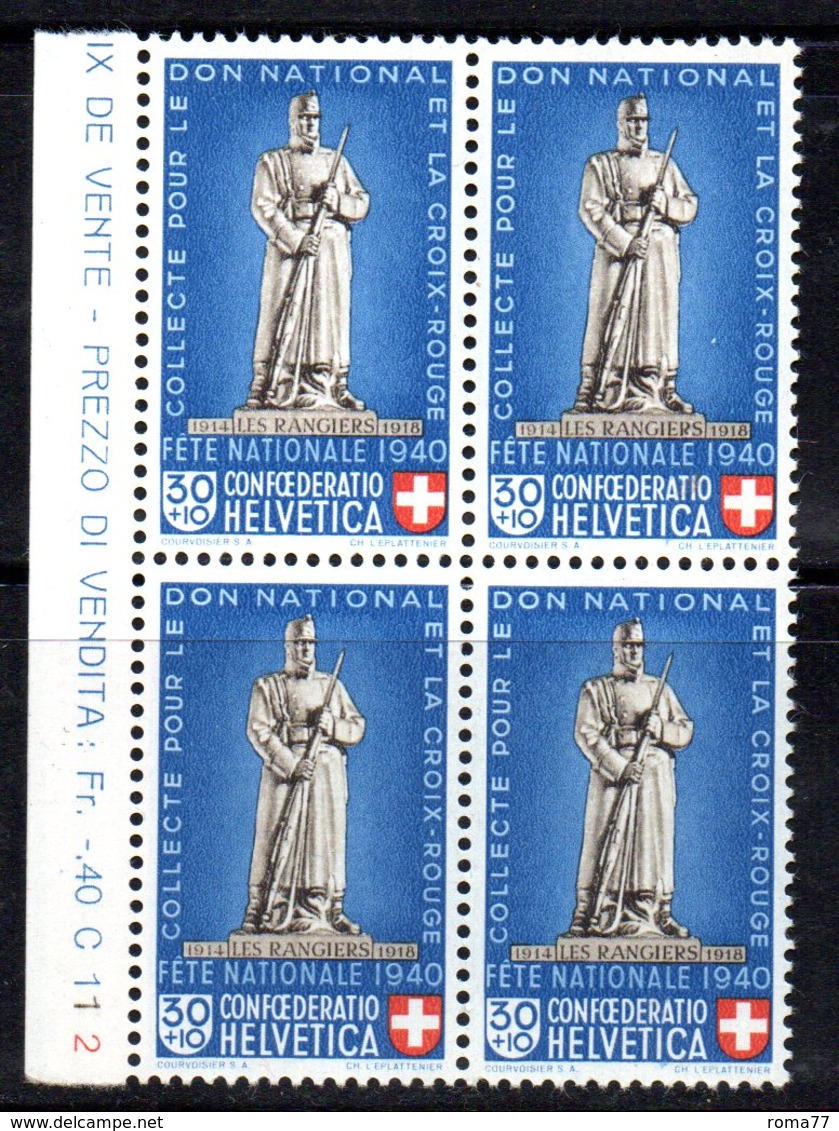 84/1500 - SVIZZERA 1940 , Pro Patria N. 353 : Quartina Integra *** MNH - Ungebraucht