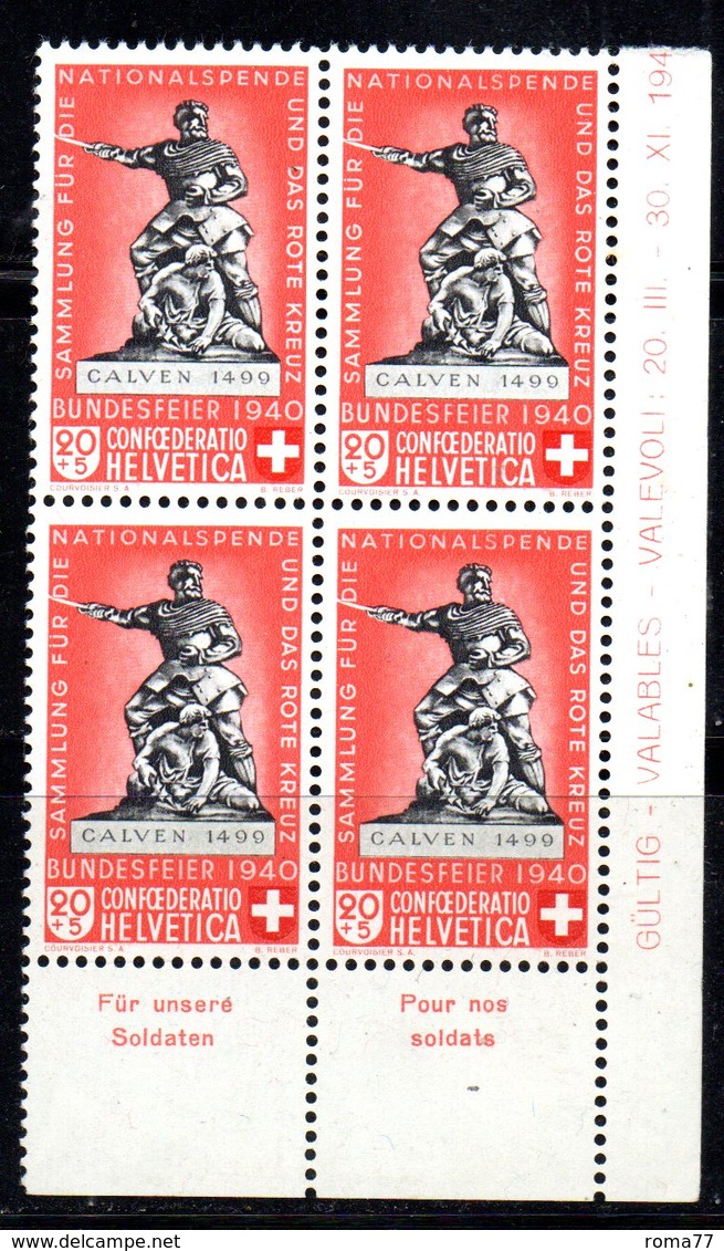 87/1500 - SVIZZERA 1940 , Pro Patria N. 351 : Quartina Integra  *** MNH - Unused Stamps