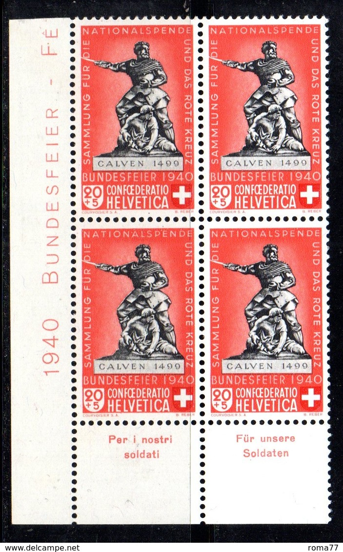 86/1500 - SVIZZERA 1940 , Pro Patria N. 351 : Quartina Integra  *** MNH - Neufs