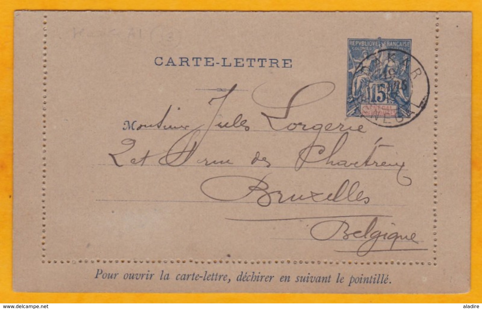 1895 - Entier Carte Lettre 15 C Groupe De Dakar, Sénégal Vers Bruxelles, Belgique - Brieven En Documenten