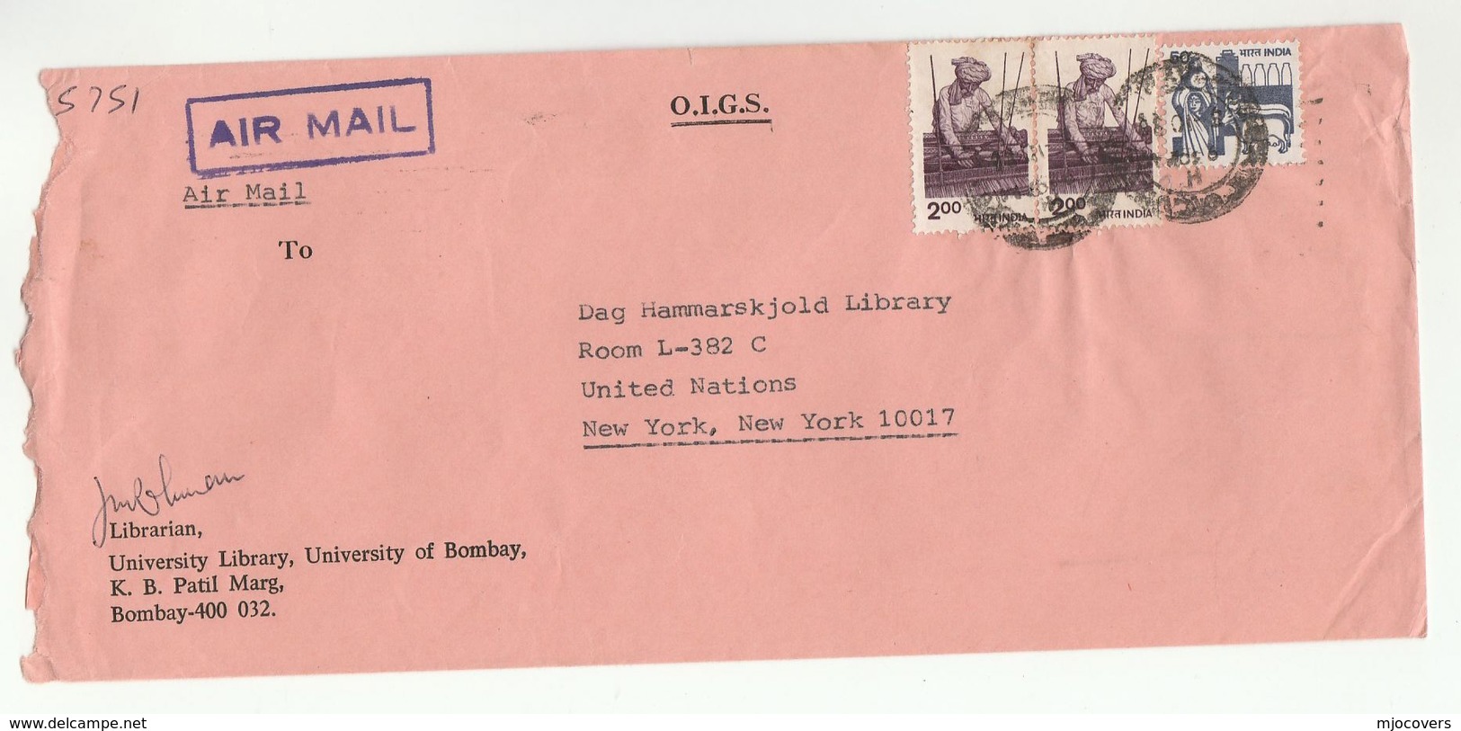 INDIA BOMBAY UNIVERSITY LIBRARY To UNITED NATIONS LIBRARY  USA Airmail  COVER Stamps Un - UNO