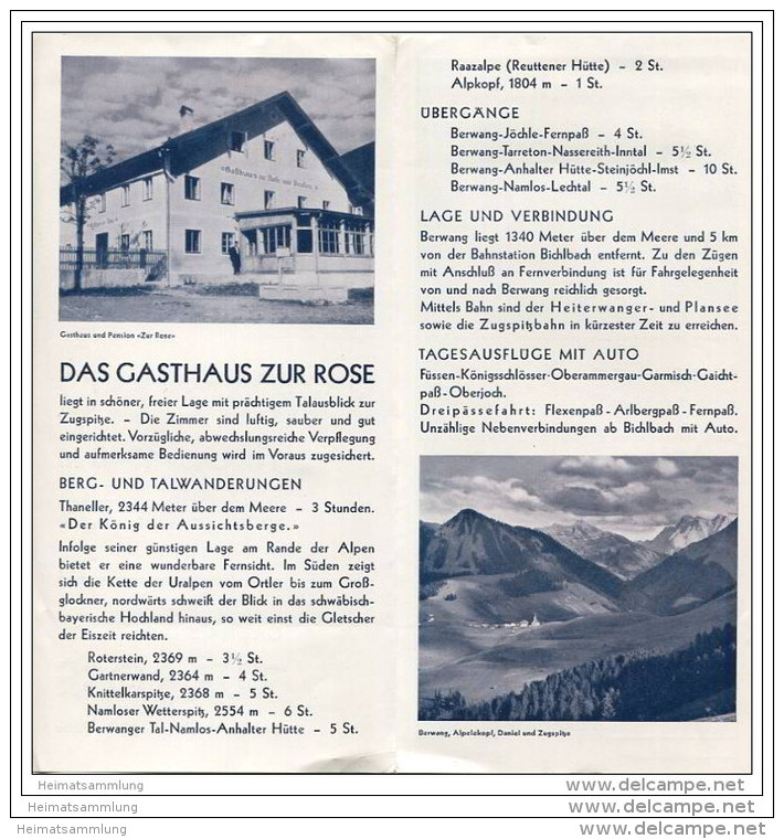 Österreich - Berwang Tirol 1932 - Gasthaus Und Pension Zur Rose - Faltblatt Mit 4 Abbildungen - Reiseprospekte