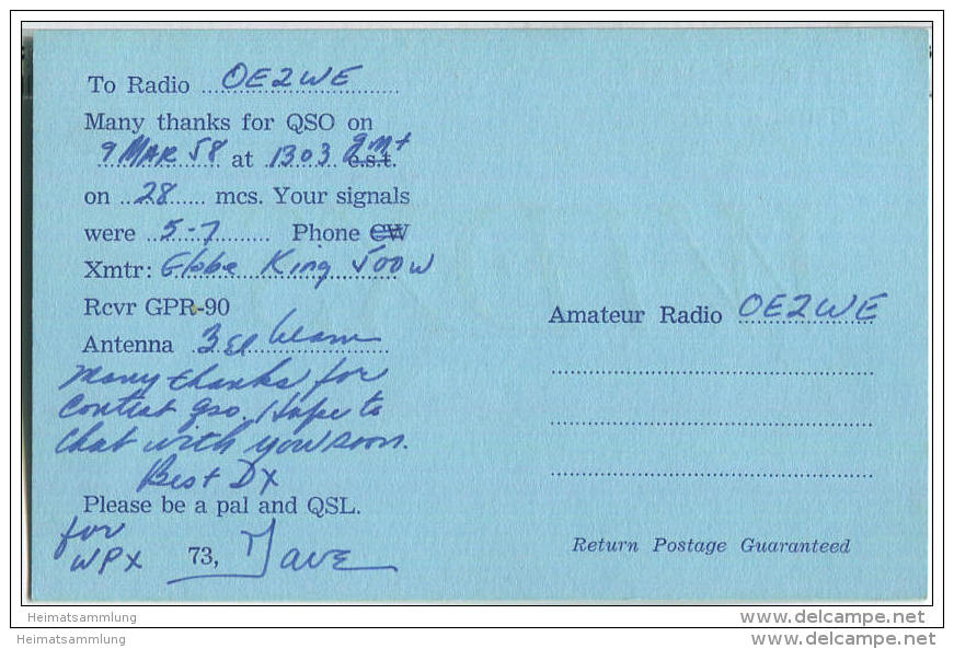 QSL - QTH - Funkkarte - W1DXS - USA - Massachusetts - Jefferson - 1958 - Amateurfunk