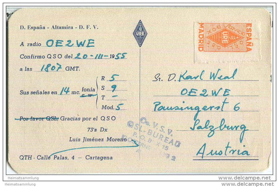 QSL - QTH - Funkkarte - EA5EM - Espana - Cartagena - 1955 - Amateurfunk