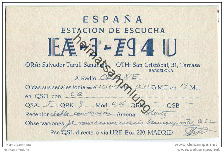 QSL - QTH - Funkkarte - EA-3-794U - Espana - Barcelona - 1958 - Radio Amateur