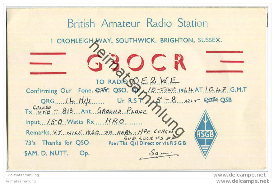 QSL - QTH - Funkkarte - G3OCR -Great Britain - Southwick - 1964 - Amateurfunk