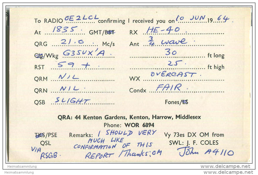 QSL - QTH - Funkkarte - J. F. Coles - Great Britain - Kenton - 1964 - Amateurfunk