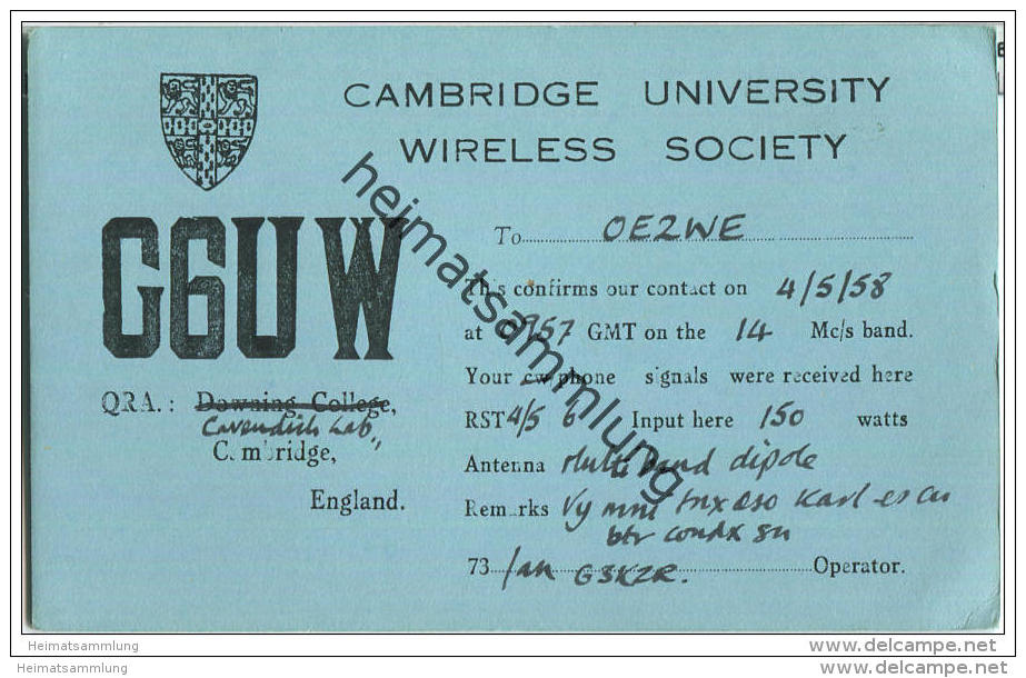 QSL - QTH - Funkkarte - G6UW - Great Britain - Cambridge - 1958 - Radio Amatoriale