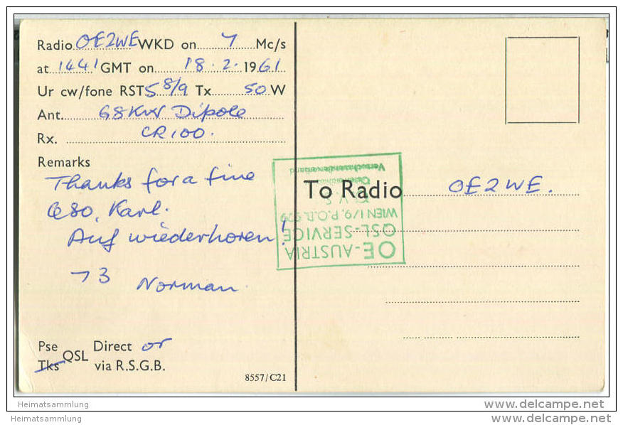 QSL - QTH - Funkkarte - G3NHA - Great Britain - Bedfordshire - 1961 - Amateurfunk